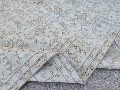 7x10 Vintage Oushak Rug: Hand-Knotted Wool, Distressed Beige Carpet