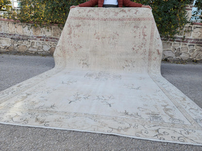 Oushak Neutral Rug 7x10, Turkish Hand Knotted Wool Rug, Bohemian Home Decor