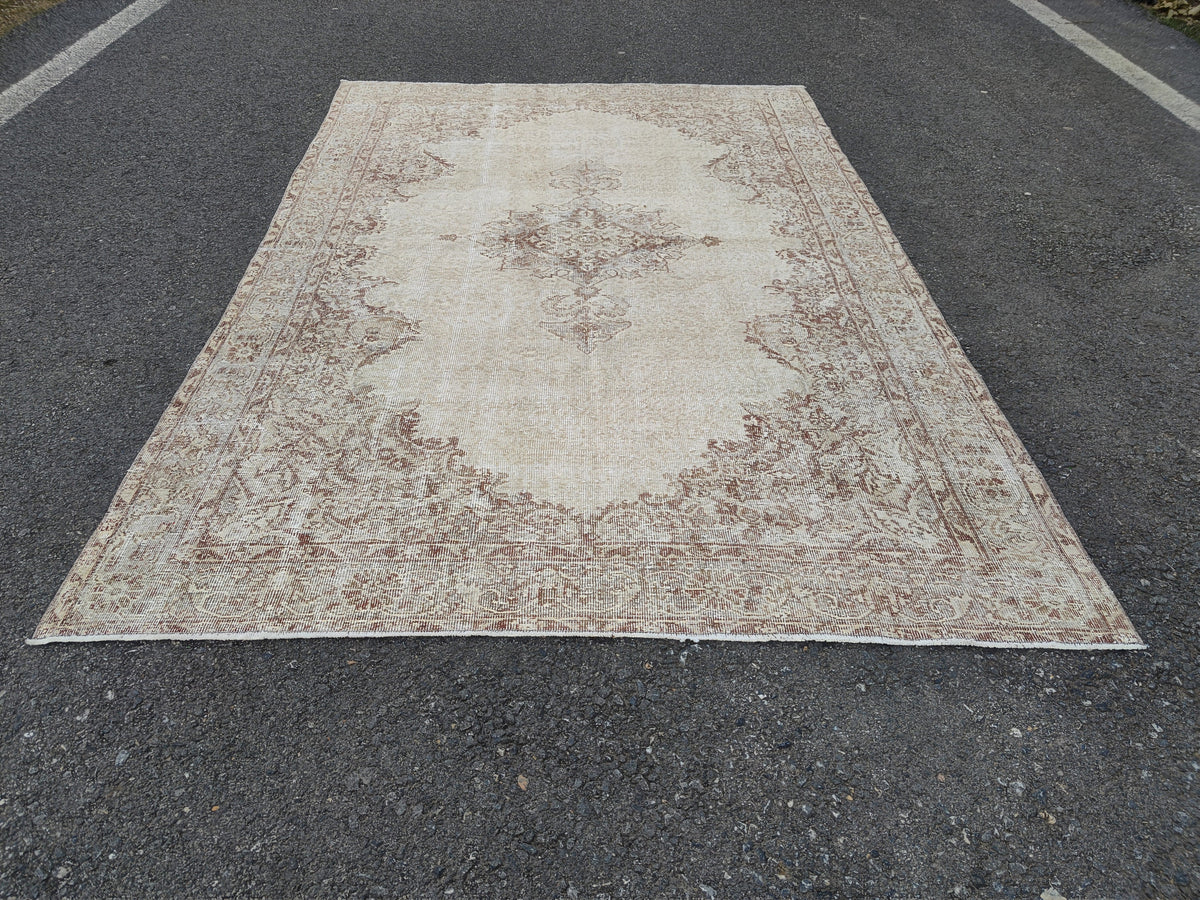 Medallion Area Rug 6x10, Bohemian Rustic Decor, Turkish Hand Knotted Carpet, Beige and Brown