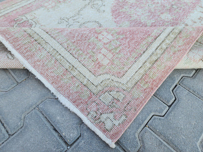 Handwoven Turkish Isparta Oushak Rug 4x7: Pink Wool Oriental Rug