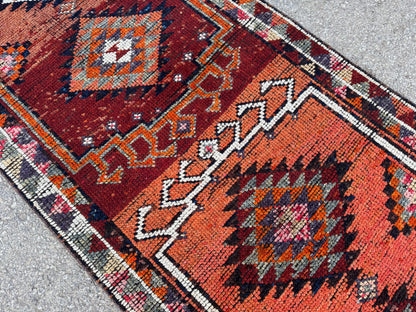2x11 Runner Rug: Vintage Wool in Maroon and Orange with Geometric Tribal Pattern