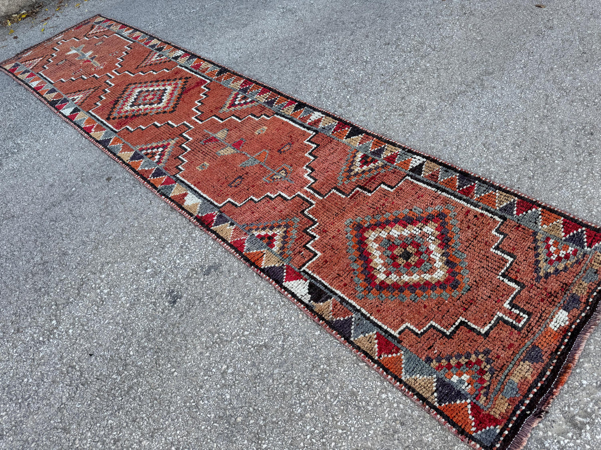 2x11 Vintage Herki Rug: Natural Wool Runner, Tribal Rustic Design