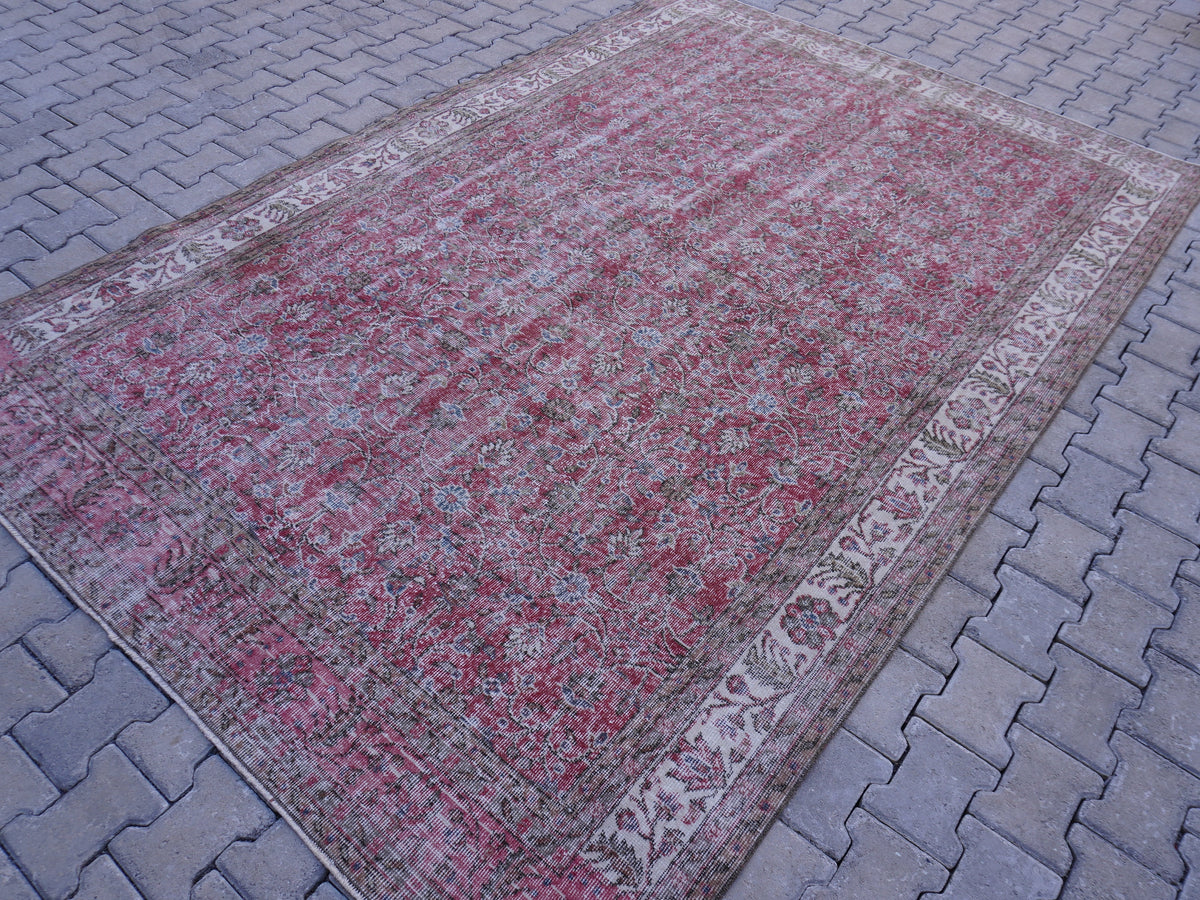 Vintage Turkish Oushak Rug 7x10: Handwoven Wool & Cotton Faded Red Rug