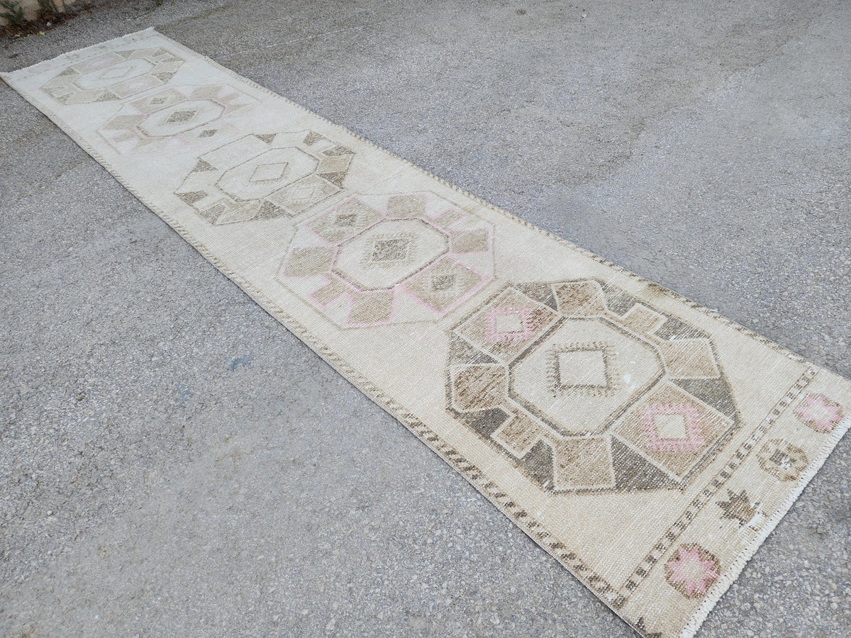 Neutral 3x12 Runner Rug, Turkish Hand Knotted Beige Wool Carpet, Hallway Boho Decor