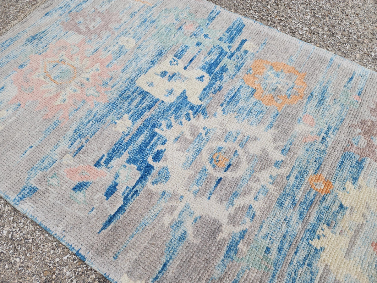 2x4 Small Oushak Rug: Abstract Blue, Up cycled Carpet, Home Wool Decor