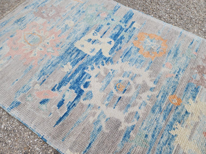 2x4 Small Oushak Rug: Abstract Blue, Up cycled Carpet, Home Wool Decor