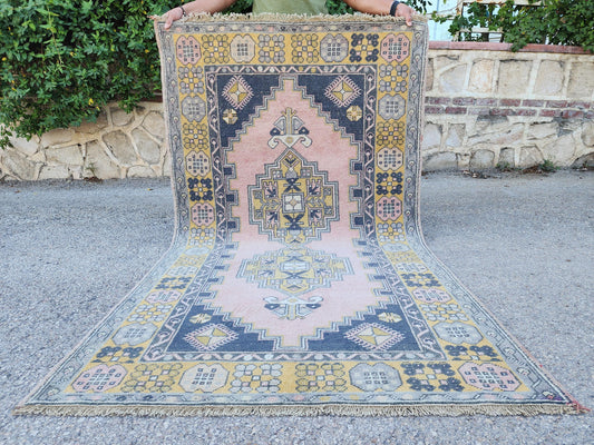 Anatolian Area Rug 4x7, Turkish Vintage Hand Made Small Decor, Living Room Small Carpet