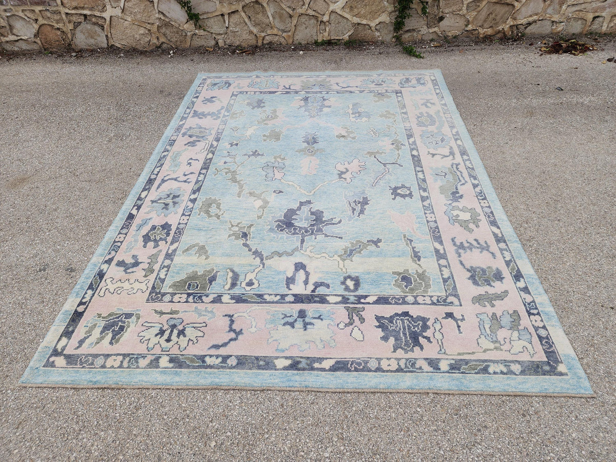 Handwoven Oushak Rug 8x10: Up Cycled Wool Carpet, Pastel Blue & Pink