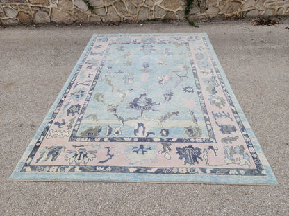 Handwoven Oushak Rug 8x10: Up Cycled Wool Carpet, Pastel Blue & Pink