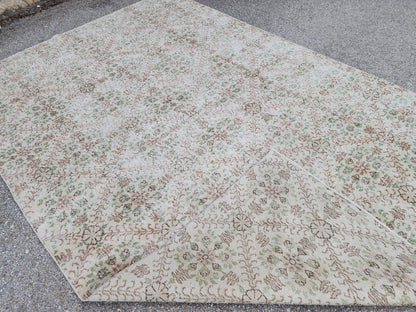 Wool Oushak Rug 6x9: Handwoven Turkish Beige Geometric Rug