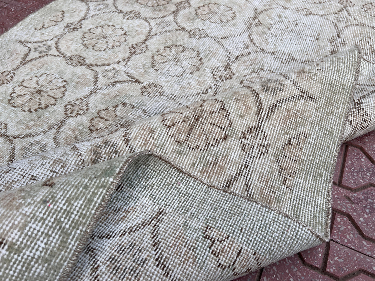 Handwoven Neutral Oushak Rug 4x7: Turkish Wool & Cotton Rug
