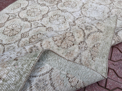 Handwoven Neutral Oushak Rug 4x7: Turkish Wool & Cotton Rug
