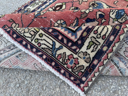 3x9 Tribal Persian Rug: Hand Woven, Faded Red and Black Pattern
