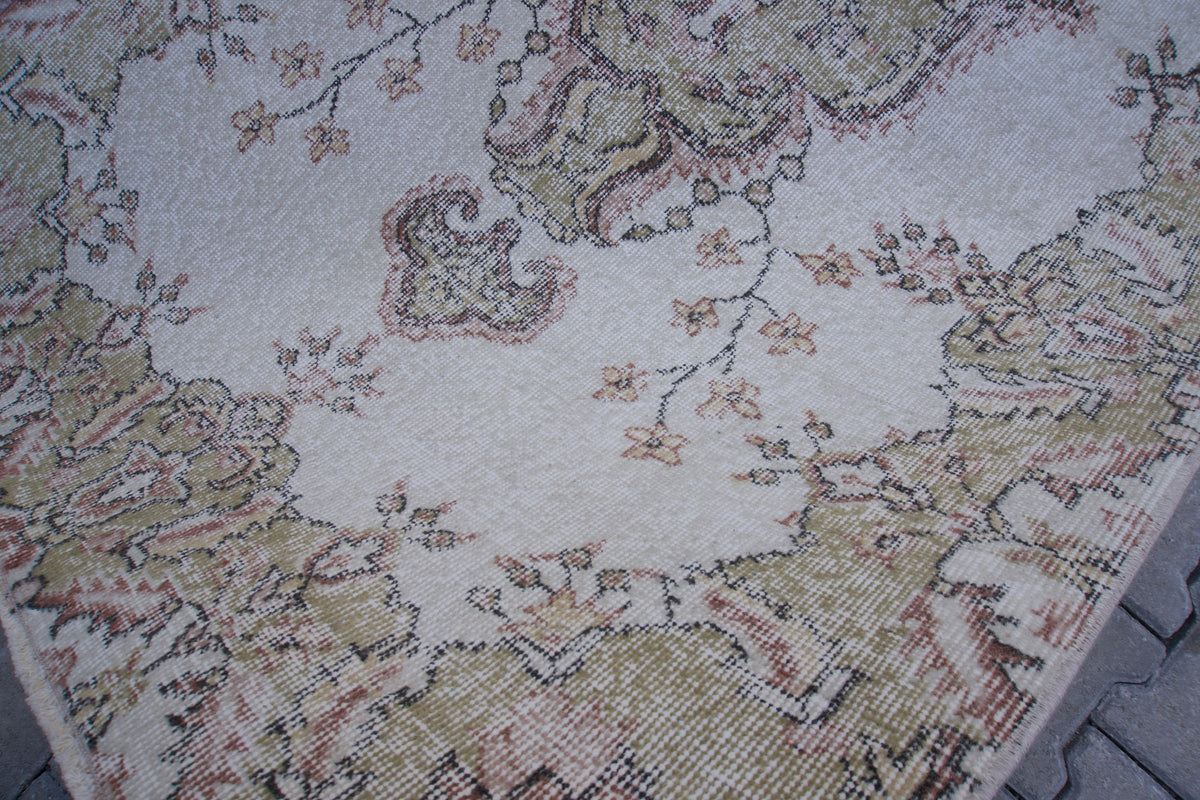 Vintage Turkish Oushak Rug 4x7: Handwoven Wool & Cotton
