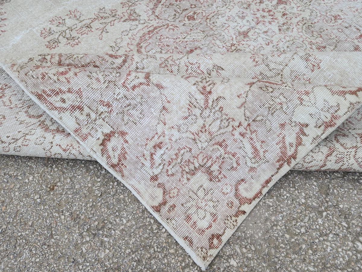7x10 Medallion Oushak Rug: Turkish Hand Knotted, Farmhouse Beige and Faded Red Rug