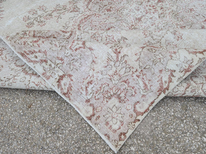 7x10 Medallion Oushak Rug: Turkish Hand Knotted, Farmhouse Beige and Faded Red Rug