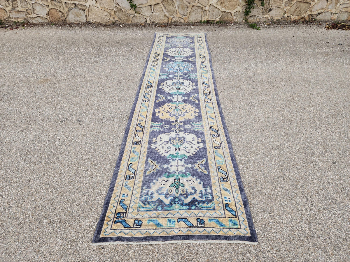 3x13 Turkish Runner, Up Cycled Wool Oushak Hand Made, Ocean Breeze Patina Blue Rug