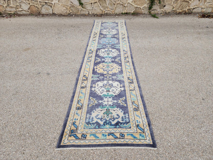 3x13 Turkish Runner, Up Cycled Wool Oushak Hand Made, Ocean Breeze Patina Blue Rug