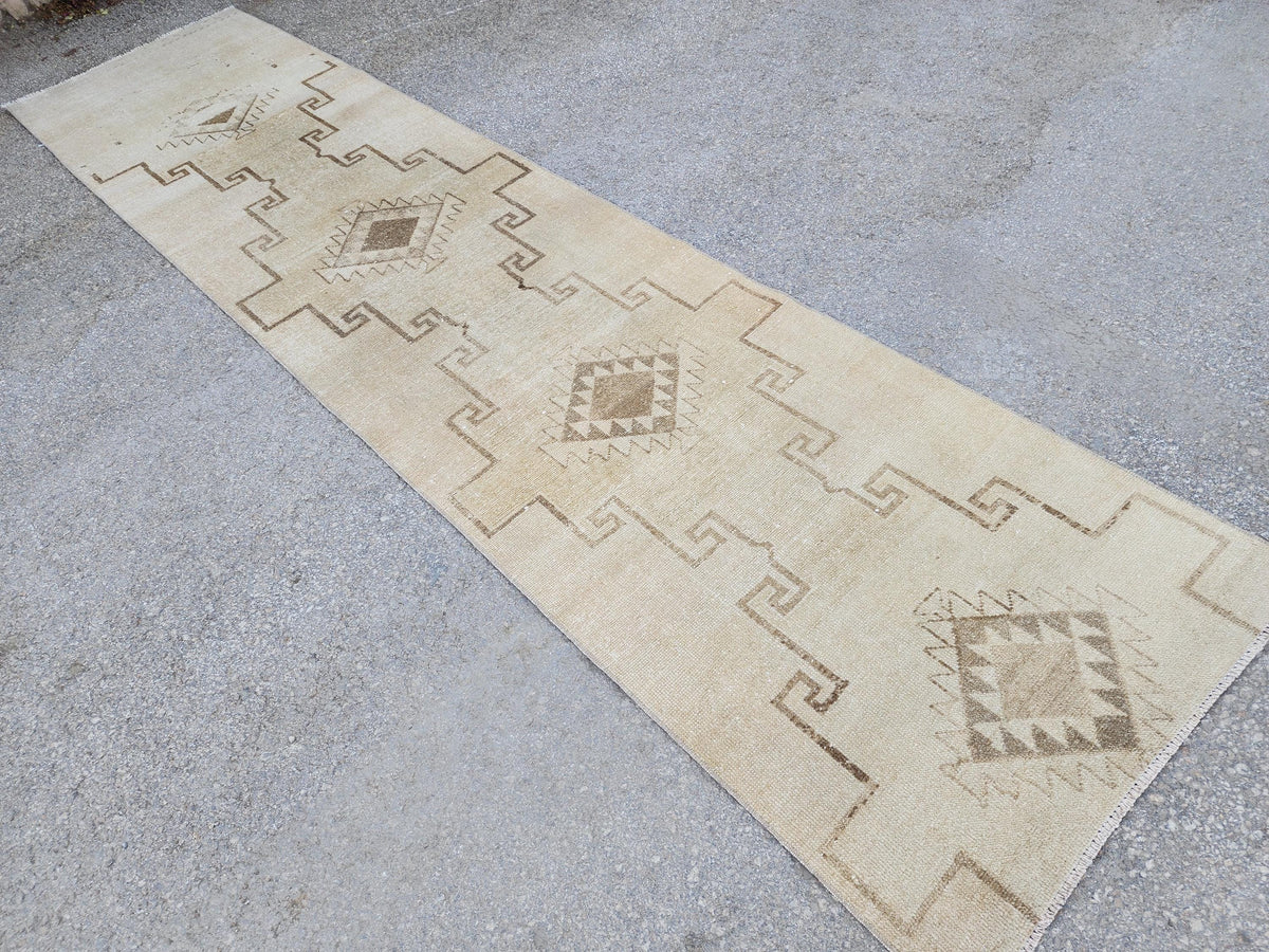 Turkish Neutral Vintage Runner Rug 2.7x12 ft, Carpet For Kitchen Rustic Boho