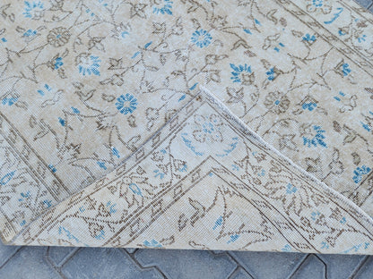 Handwoven Turkish Oushak Rug: 4x7 Neutral Wool & Cotton