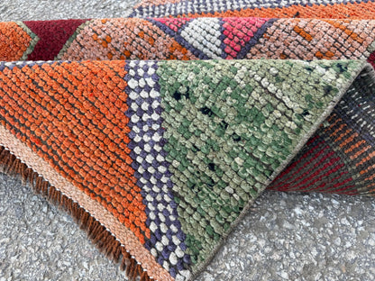 3x10 Herki Runner Rug: Vintage Handwoven Wool in Burnt Orange and Green Tribal Motifs