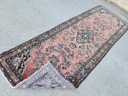 Vintage Boho Runner Rug 3x9: Hand Knotted, Red and Black