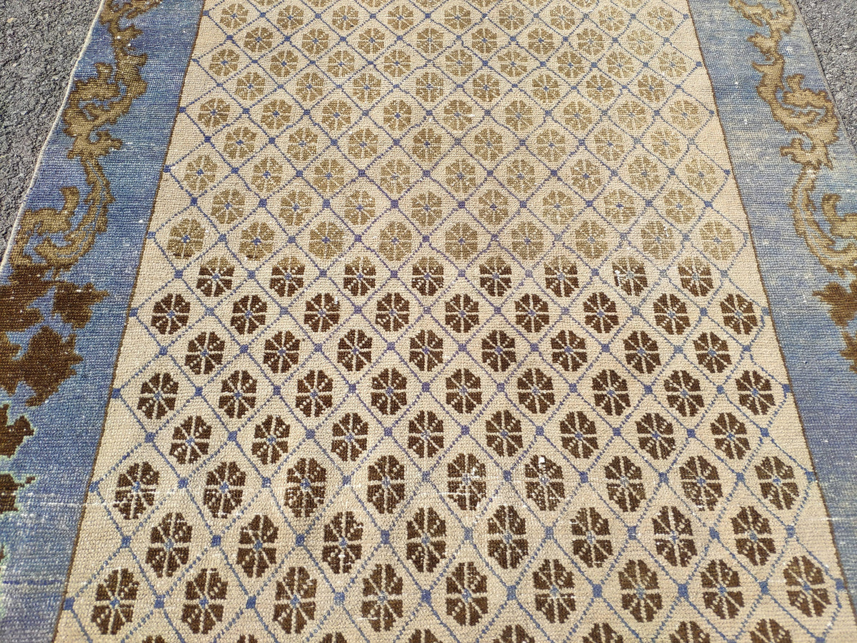 Faded Blue Turkish Runner Rug 4x11: Oriental Hallway Rug
