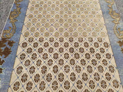 Faded Blue Turkish Runner Rug 4x11: Oriental Hallway Rug