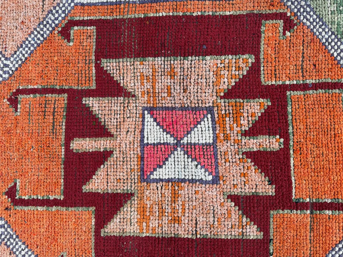 3x10 Herki Runner Rug: Vintage Handwoven Wool in Burnt Orange and Green Tribal Motifs