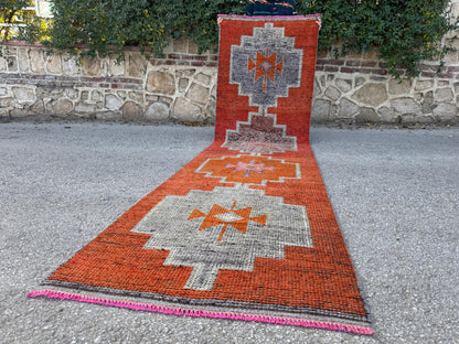 3x12 Oriental Herki Runner: Vintage Handwoven Wool in Burnt Orange & Brown with Geometric Motifs