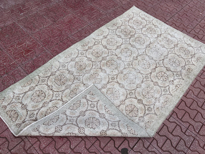Handwoven Neutral Oushak Rug 4x7: Turkish Wool & Cotton Rug