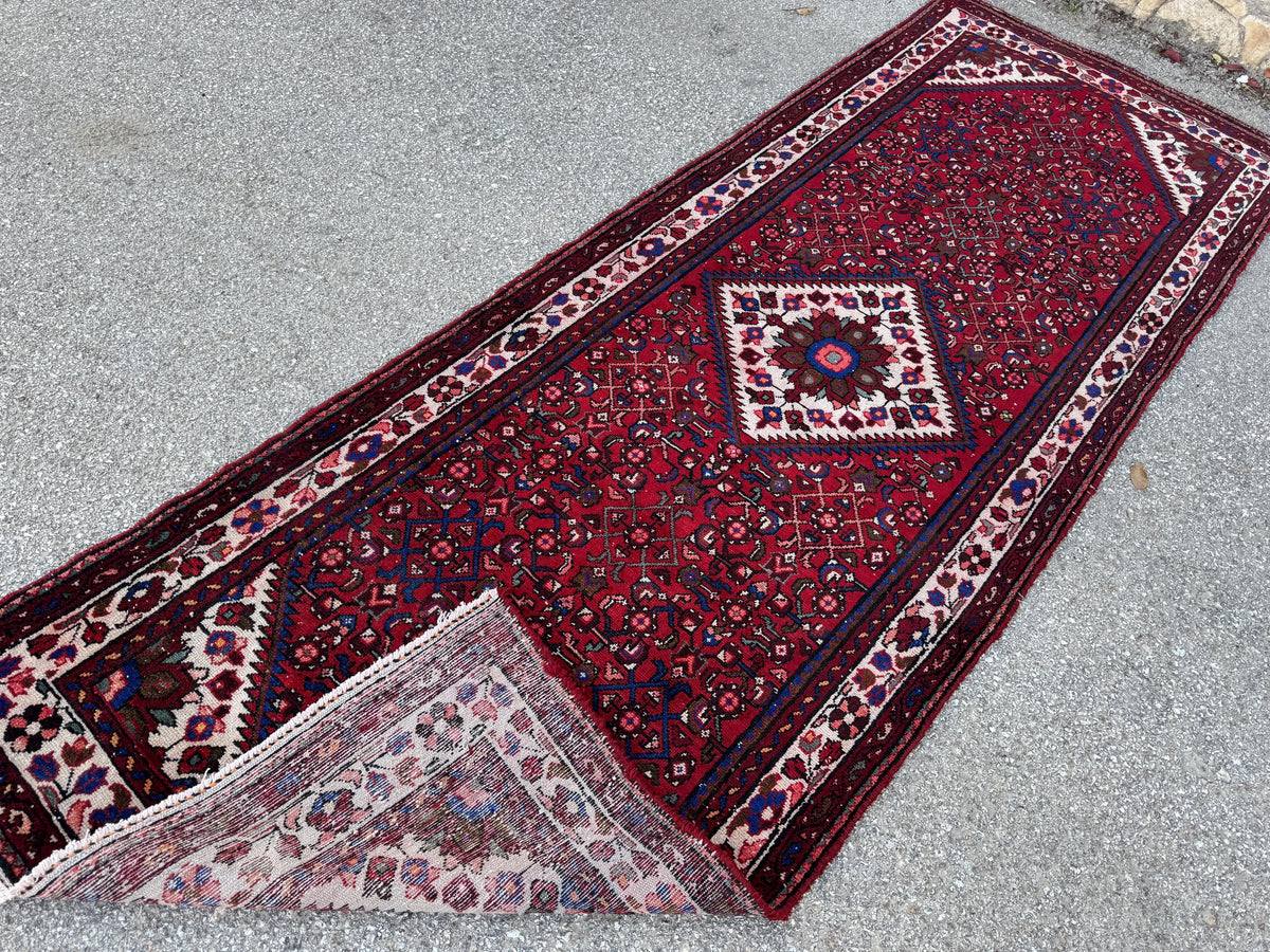 Hand Made Runner Rug 3x10, Red wool, Oriental Rustic Decor