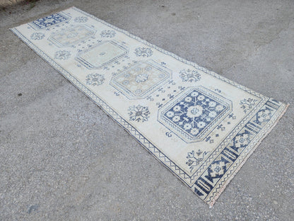 Neutral Geometric Runner Rug 3x10, Turkish Hand Made Rustic Home Decor, Beige and Blue Wool