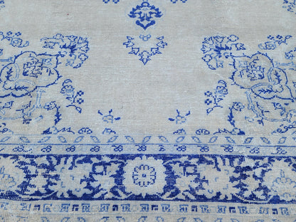 Vintage Oushak Rug 8x11: Blue Medallion Turkish Hand-Knotted Wool Area Rug