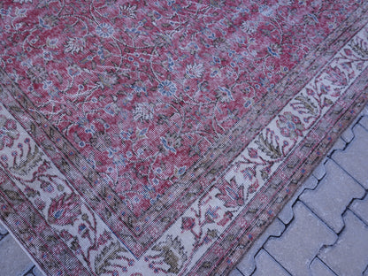 Vintage Turkish Oushak Rug 7x10: Handwoven Wool & Cotton Faded Red Rug