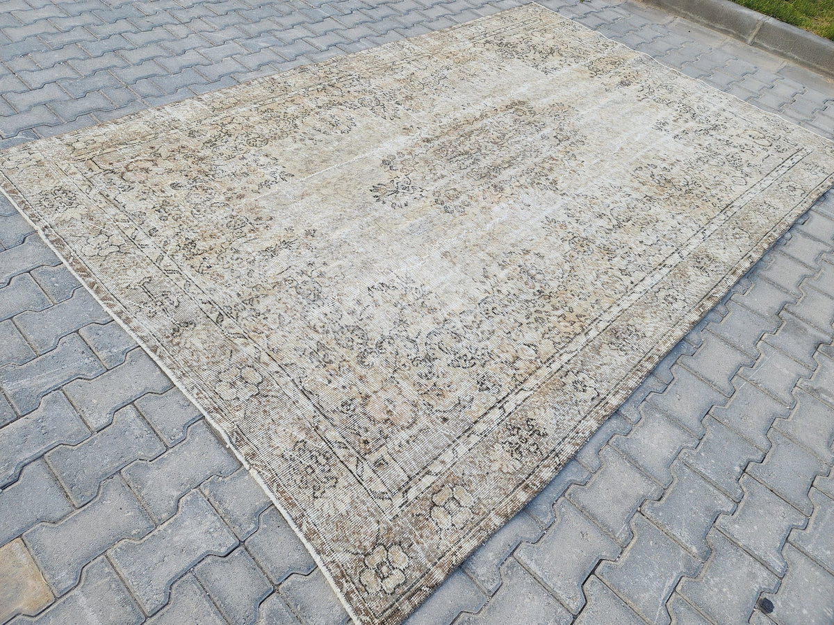 7x10 Neutral Area Rug, Living Room Boho Decor, Turkish Wool Hand Made