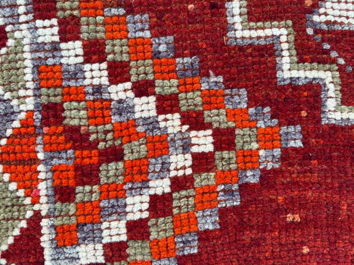3x13 Long Herki Runner Rug: Vintage Handwoven Wool Orange and Brown Tribal Geometric Design