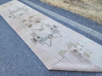 3x14 Neutral Long Runner Rug, Turkish Malatya Hand Made Wool, Beige Geometric Design