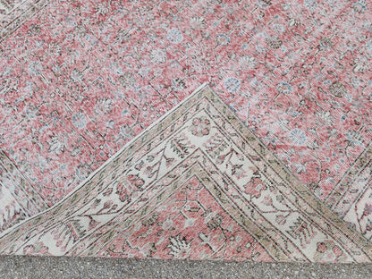 Vintage Oushak Rug 7x10: Handwoven Turkish Wool, Faded Red Farmhouse Style