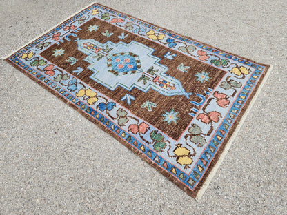 Handwoven 3x5 Oushak Rug: Turkish Wool, Brown & Blue Floral