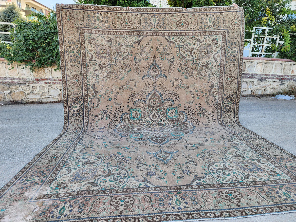 Vintage Neutral Area Rug 9x13: Persian Medallion Design, Brown and Green