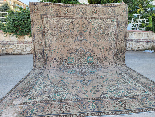 Vintage Neutral Area Rug 9x13: Persian Medallion Design, Brown and Green