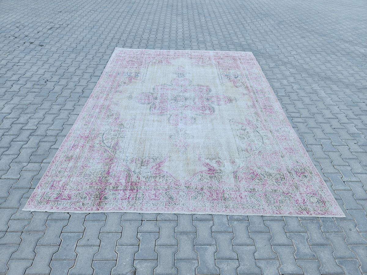 8x11 Vintage Oushak Rug: Pink Wool Turkish Rug