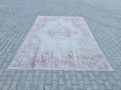 8x11 Vintage Oushak Rug: Pink Wool Turkish Rug