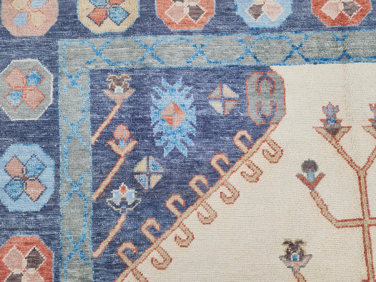 Handwoven Oushak Rug 10x14: Beige & Blue Turkish Wool Rug, Farmhouse Home Decor