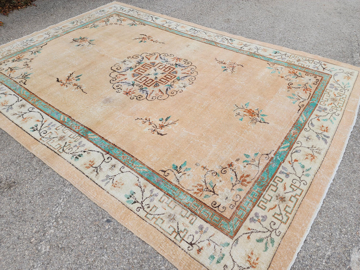 Oushak Rug 7x10, Hand Knotted Turkish Wool Carpet, Living Room Rustic Decor