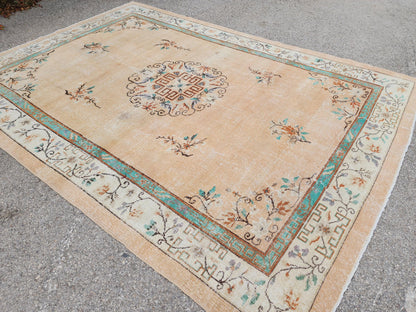 Oushak Rug 7x10, Hand Knotted Turkish Wool Carpet, Living Room Rustic Decor