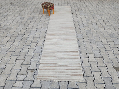 2.7x11 Vintage Turkish Kilim Rug: Neutral Handwoven Wool Hallway Runner