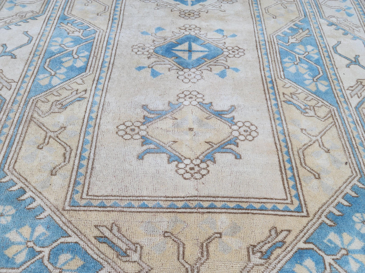 5x8 Neutral Soft Blue Rug, Turkish Hand Made Beige Carpet, Dining Room Boho Decor