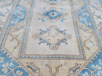 5x8 Neutral Soft Blue Rug, Turkish Hand Made Beige Carpet, Dining Room Boho Decor